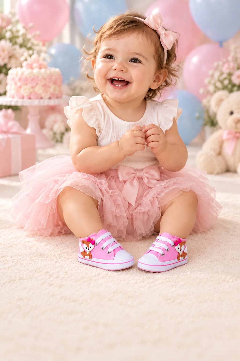 Bebê sorrindo numa festinha de aniversário com balões e bolo, calçando Starzinho Rosa Raposinha